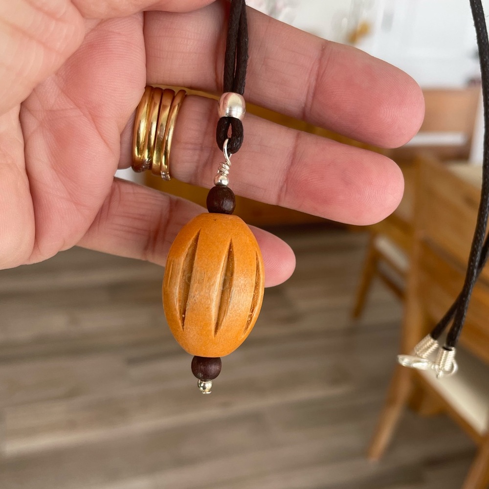 Handmade Pumpkin Orange Colored Wooden Bead Pendant Necklace on 18โ Cord